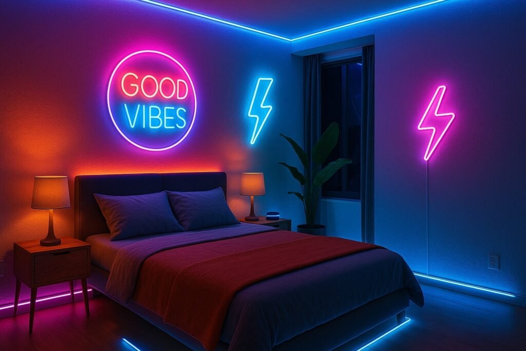 Smart lighting setup featuring colour-changing LED bulbs and app-controlled light strips for home automation