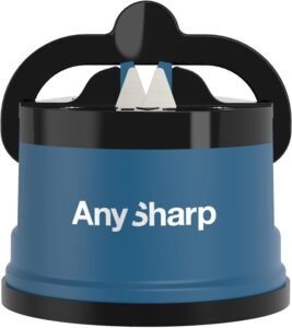 AnySharp blue knife sharpener with PowerGrip suction base for safe, one-handed kitchen blade sharpening