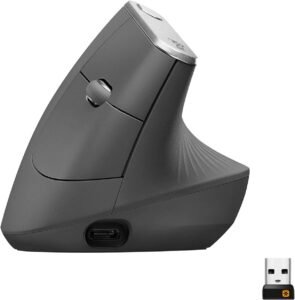 Logitech MX Vertical ergonomic mouse with handshake design, wireless Bluetooth connectivity, and advanced optical tracking
