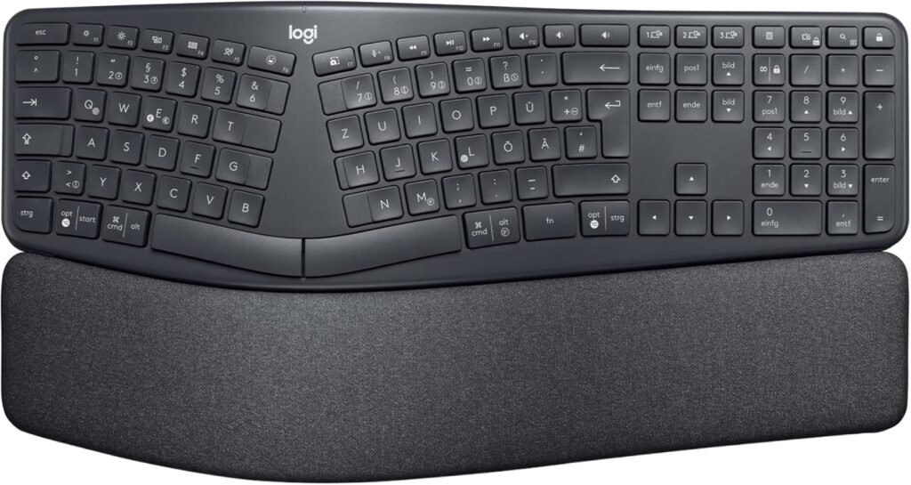 Logitech Ergo K860 wireless ergonomic keyboard with split curved design, wrist support, and Bluetooth connectivity for improved typing posture