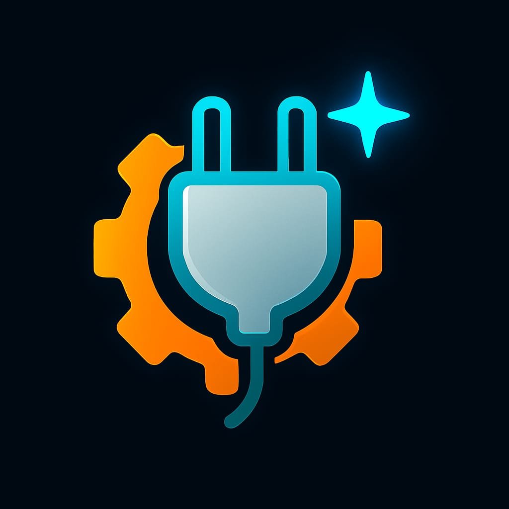 Stylised plug icon in front of an orange gear with a blue sparkle symbol