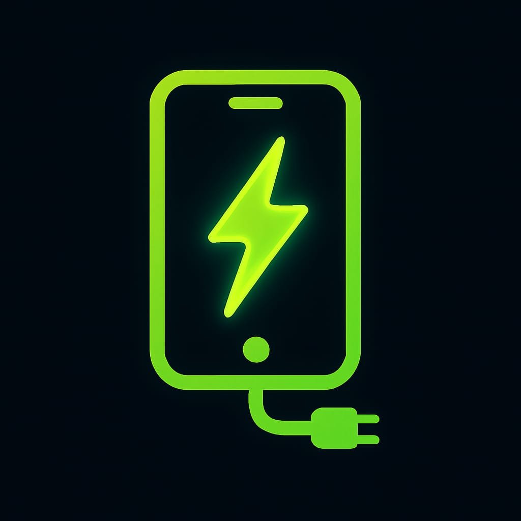 Neon green icon of a smartphone with charging cable and power symbol