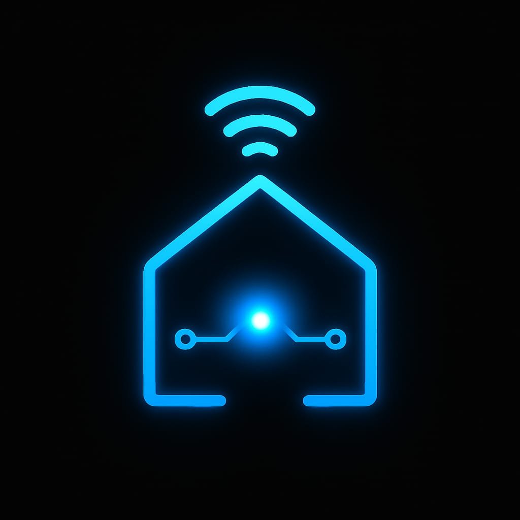 Neon blue smart home icon with Wi-Fi signal and central connected node