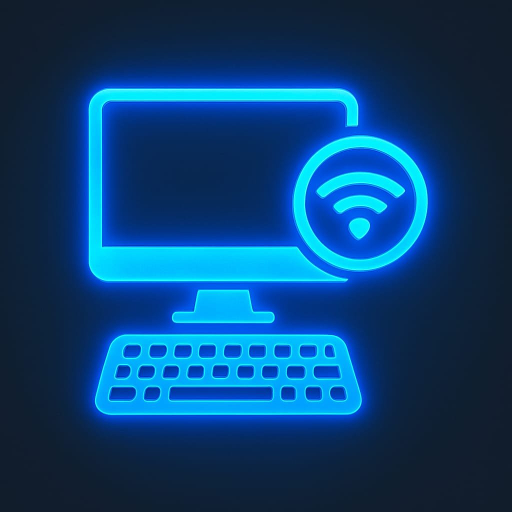 Neon blue icon of a desktop computer with keyboard and Wi-Fi signal symbol